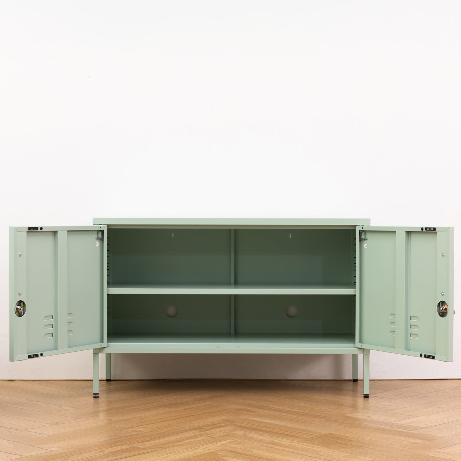 Design Republique Mila Low Locker Sage shown open with internal shelf storage and double-door access.