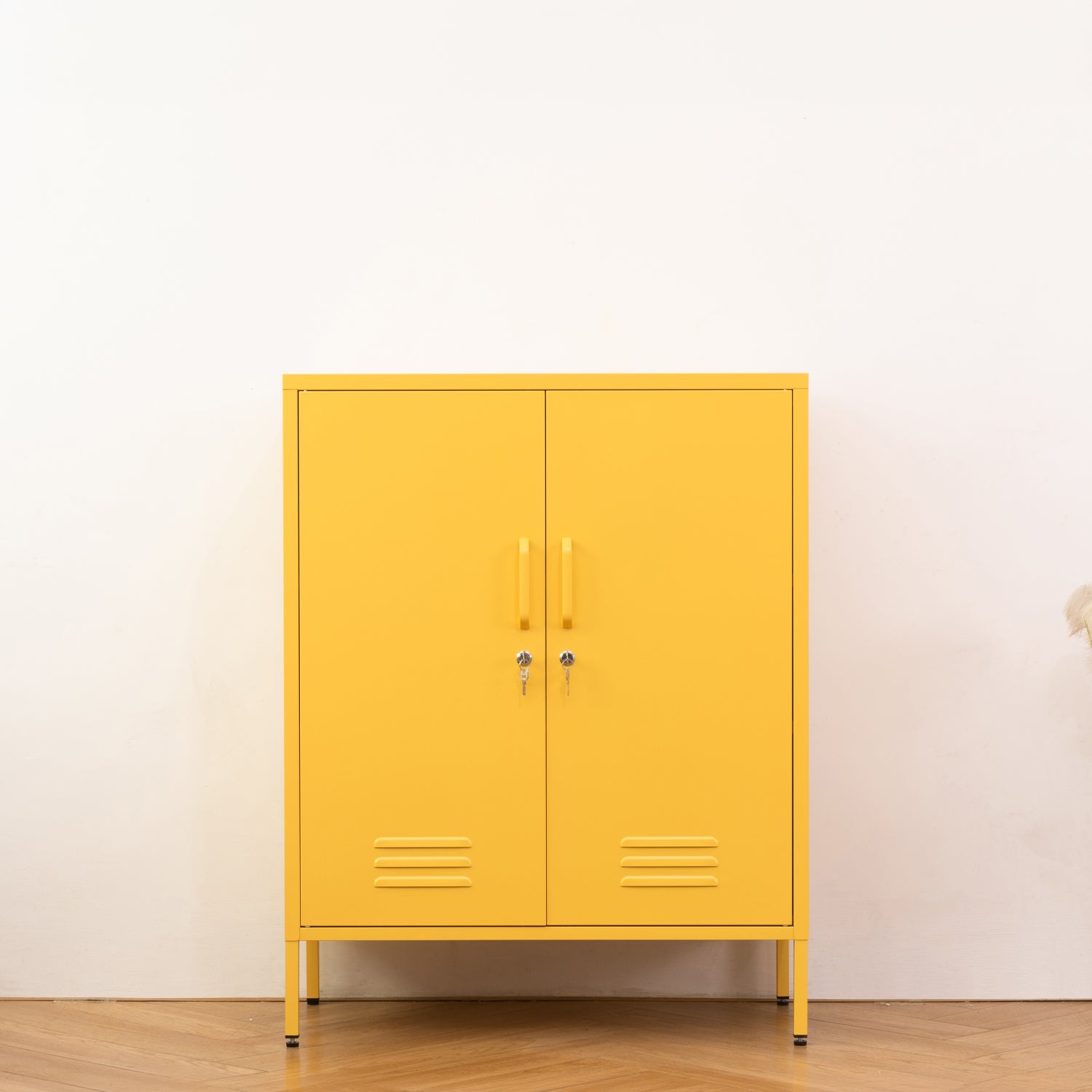 Design Republique Mila Sideboard Butter shown closed with double doors, handles, locks and vent details.