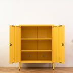Design Republique Mila Sideboard Butter shown open with internal shelves and double-door access.
