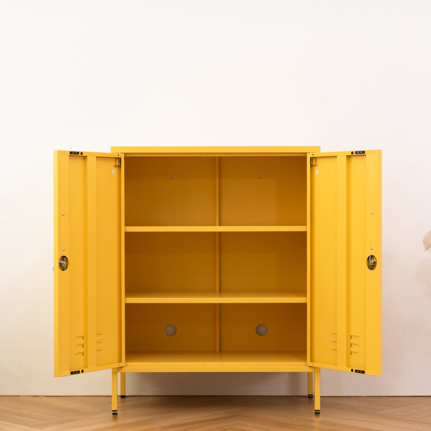Design Republique Mila Sideboard Butter shown open with internal shelves and double-door access.