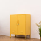 Design Republique Mila Sideboard Butter shown closed on an angle with a bright butter yellow metal finish.