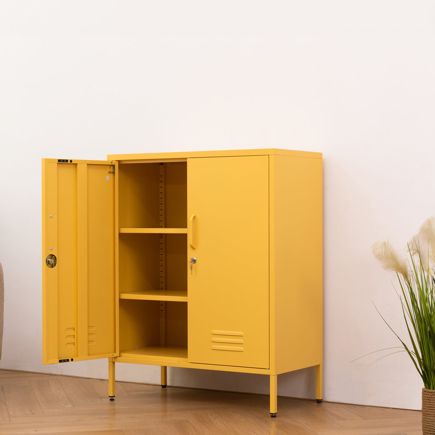 Design Republique Mila Sideboard Butter shown partially open with internal shelving and lockable door.