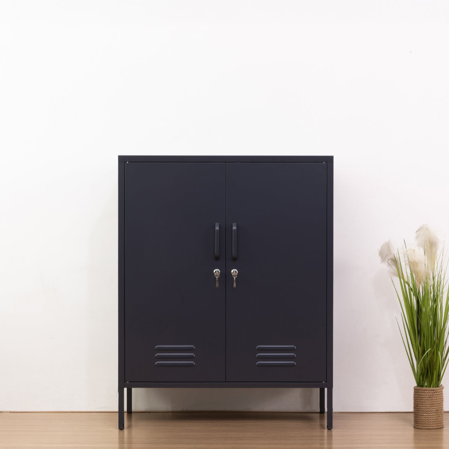Design Republique Mila Sideboard Navy shown closed with double doors, handles, locks and vent details.
