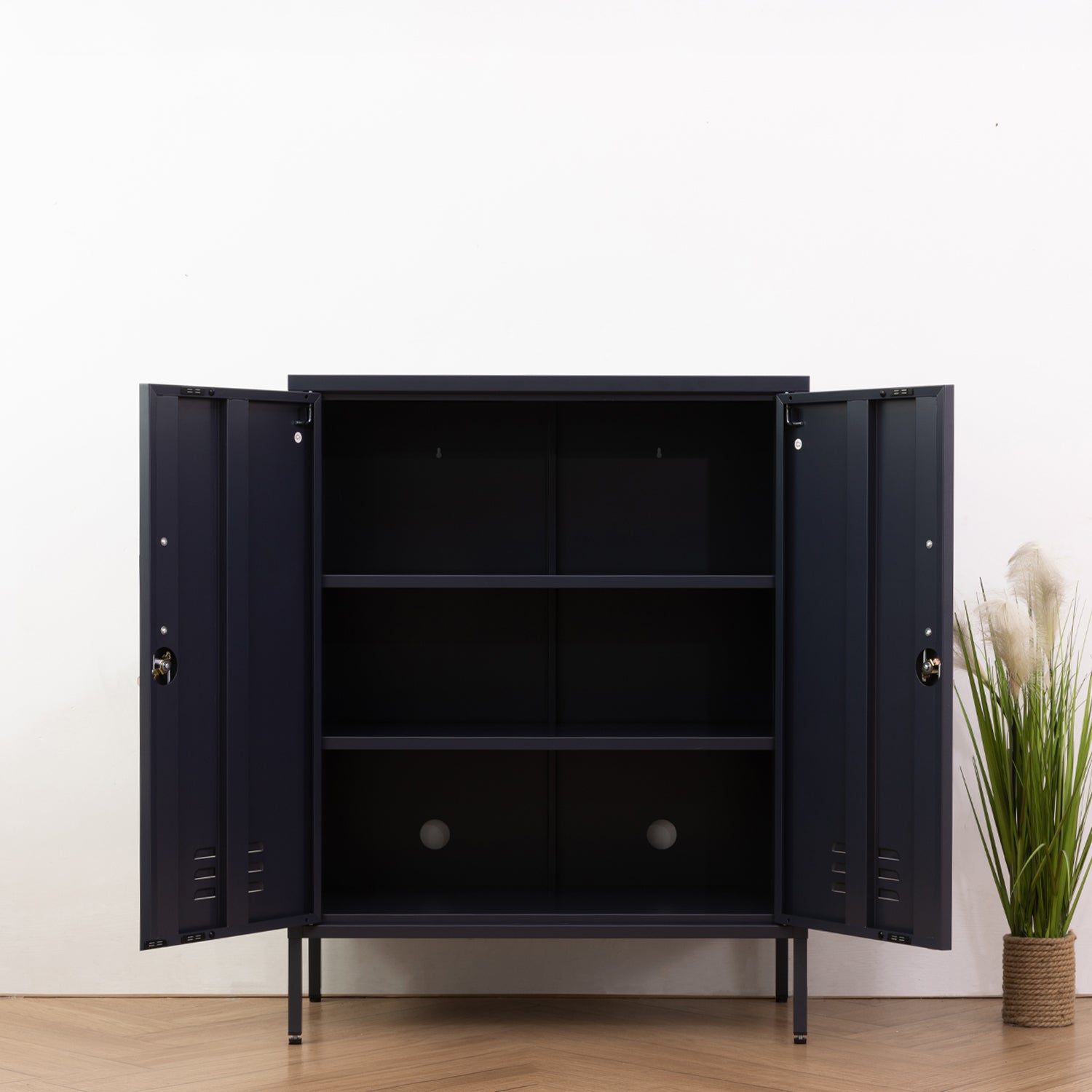 Design Republique Mila Sideboard Navy shown open with internal shelves and double-door access.