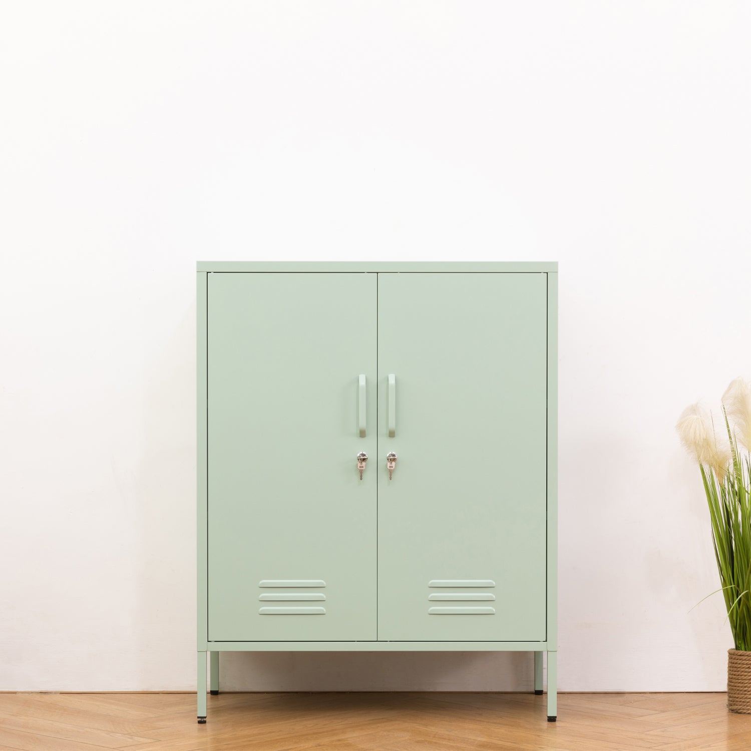 Design Republique Mila Sideboard Sage shown closed with double doors, handles, locks and vent details.