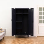 Design Republique Mila Double Locker Navy shown open with internal shelves, hanging rail and double-door storage.