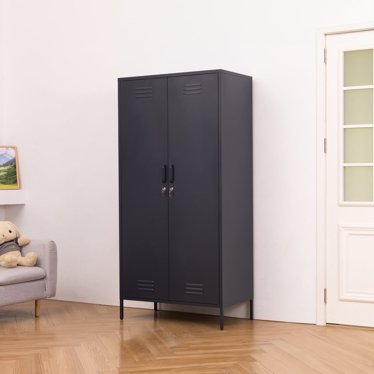 Design Republique Mila Double Locker Navy shown closed on an angle in a styled room setting with navy metal finish, handles and vent details.