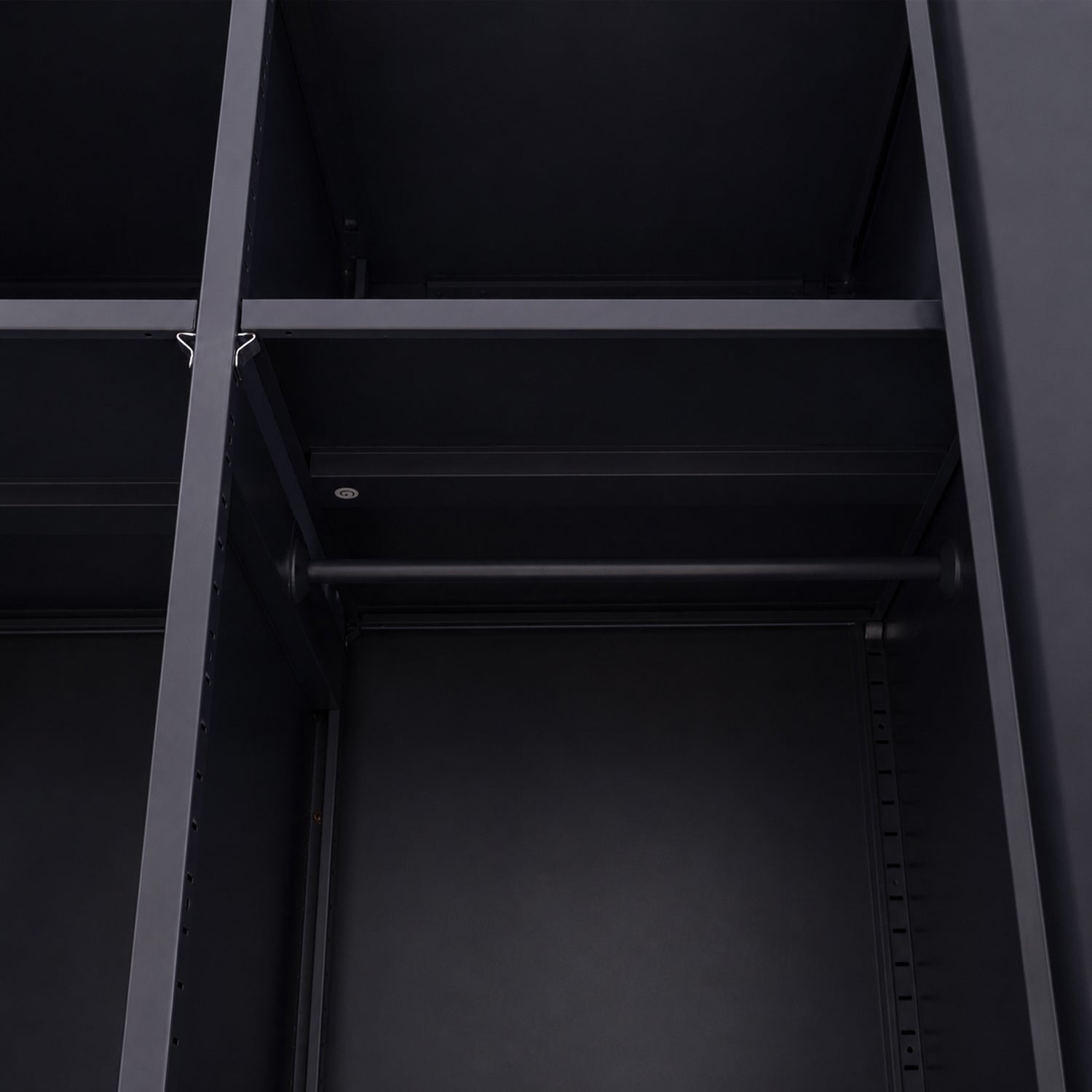 Design Republique Mila Double Locker Navy close-up showing the internal hanging rail, shelf and adjustable shelving holes.