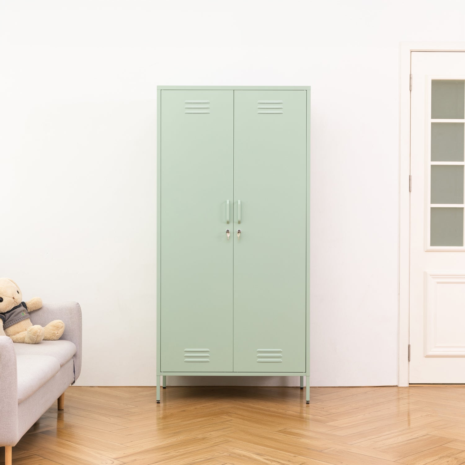 Design Republique Mila Double Locker Sage shown closed in a styled room setting with double doors, handles, locks and vent details.