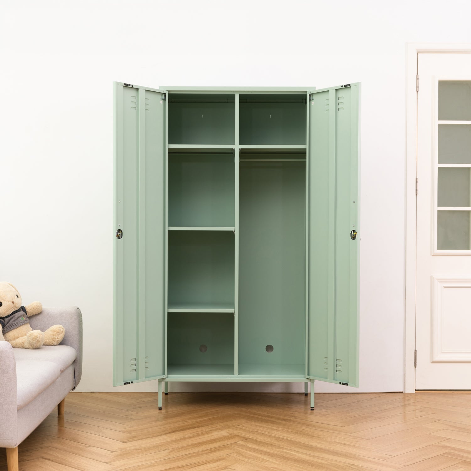 Design Republique Mila Double Locker Sage shown open with internal shelves, hanging rail and double-door storage.