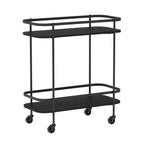 A sleek black two-tier serving cart with rounded shelves, slim metal framing, and four caster wheels offers a modern, minimalist storage and entertaining solution.