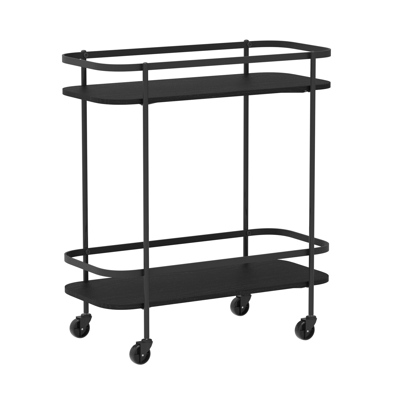A sleek black two-tier serving cart with rounded shelves, slim metal framing, and four caster wheels offers a modern, minimalist storage and entertaining solution.