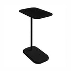 A sleek black side table with a minimalist metal frame, rounded rectangular tabletop, and matching base offers a contemporary, space-saving accent for modern interiors.