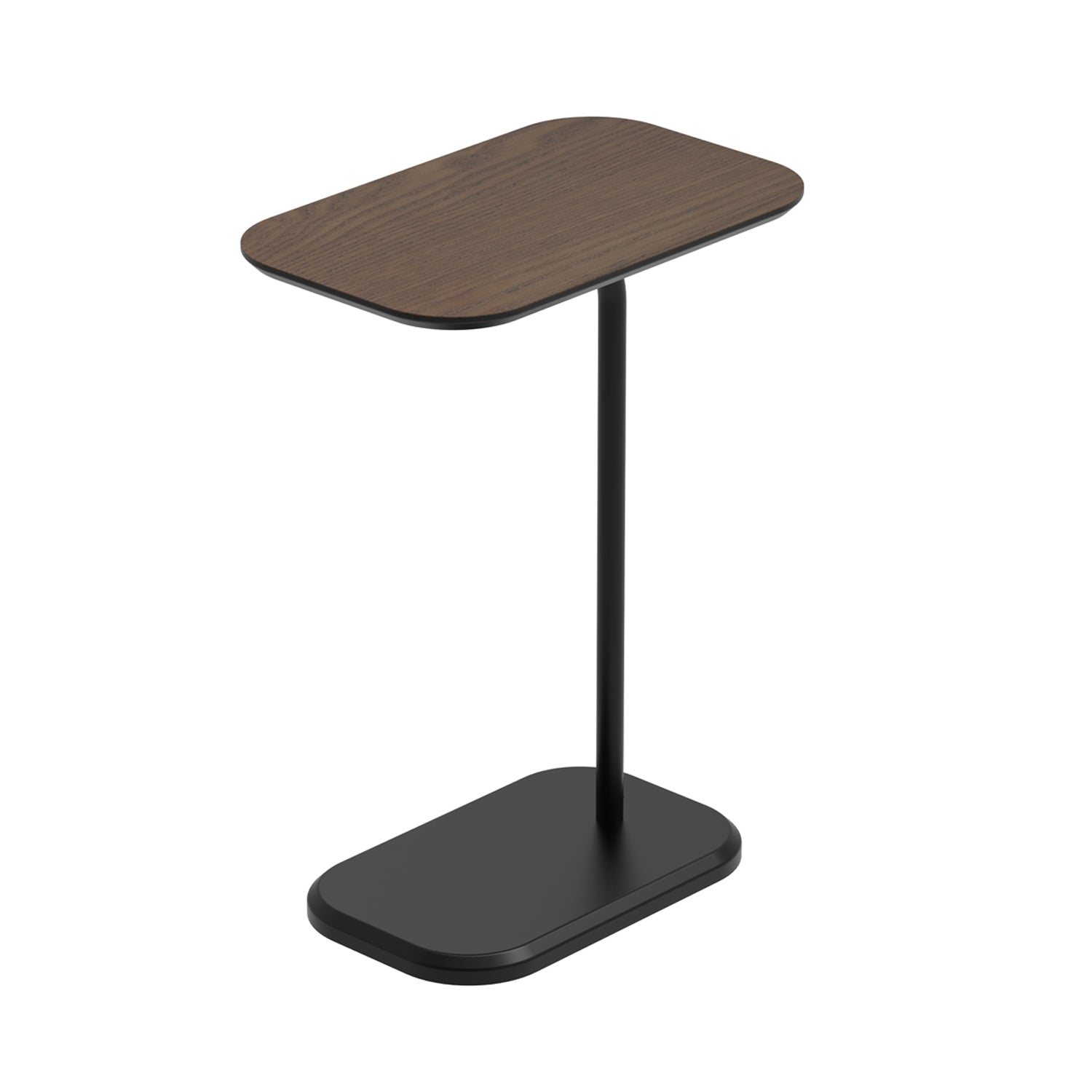 A contemporary side table with a warm walnut-look tabletop, slim black metal pedestal, and matching base offers a stylish, space-saving accent for modern living spaces.