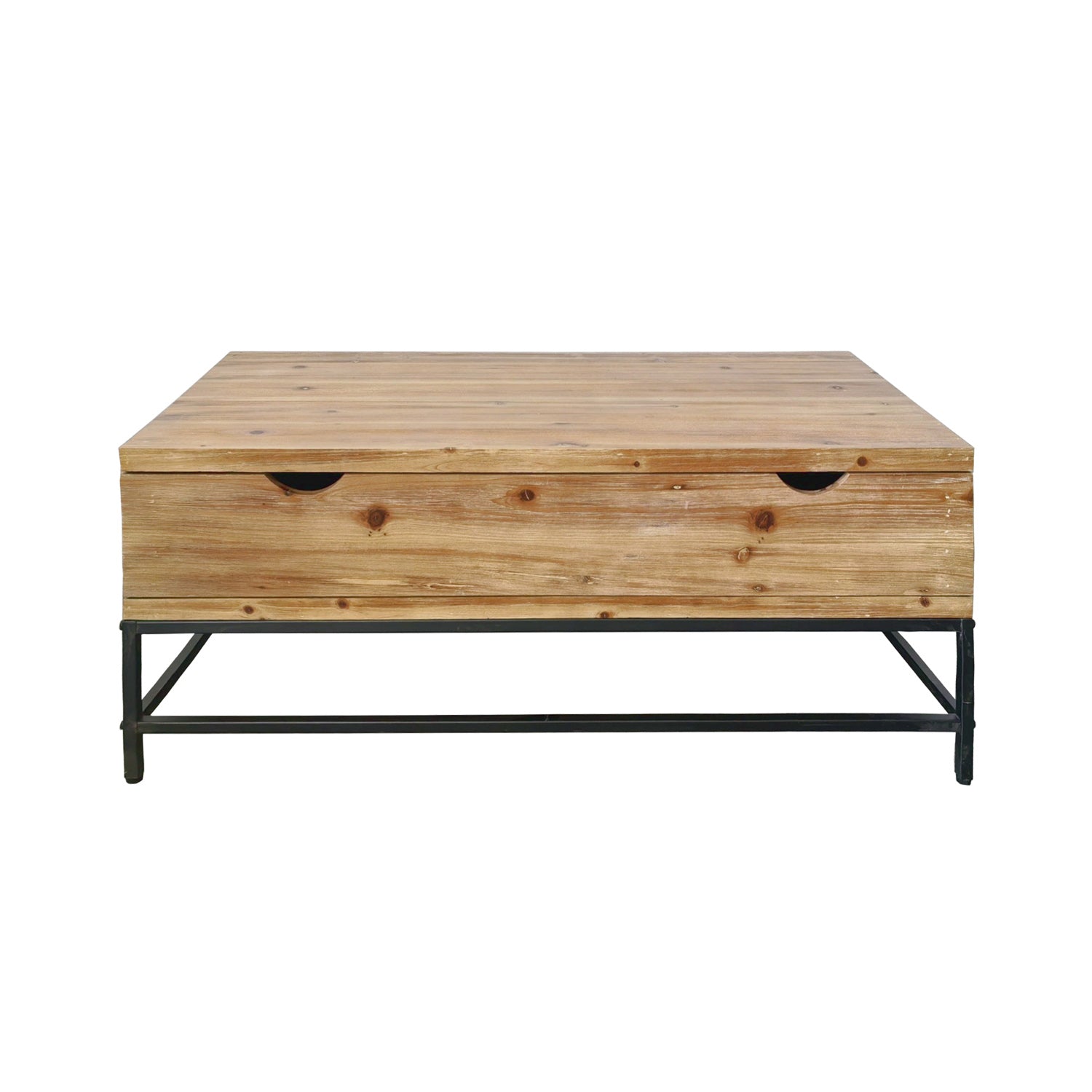 A rustic wooden coffee table with built-in storage drawers and a sturdy black metal frame combines practical functionality with industrial-inspired style.