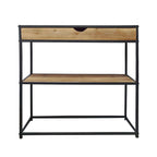 A rustic wood and black metal console table with a spacious drawer and open shelf offers stylish storage with an industrial-inspired design.