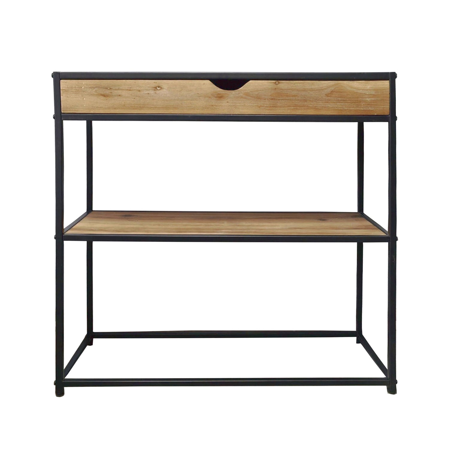 A rustic wood and black metal console table with a spacious drawer and open shelf offers stylish storage with an industrial-inspired design.