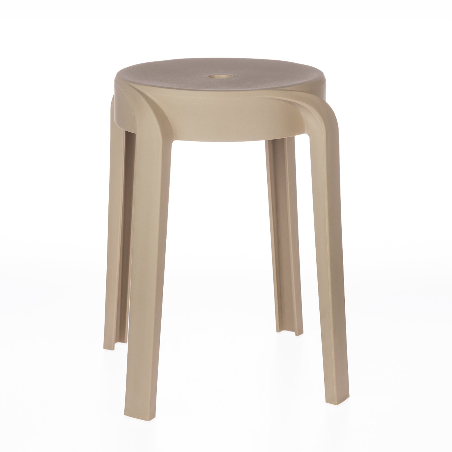 A modern beige stool with a smooth round seat and gently curved legs offers a clean, minimalist design that suits a variety of contemporary spaces.
