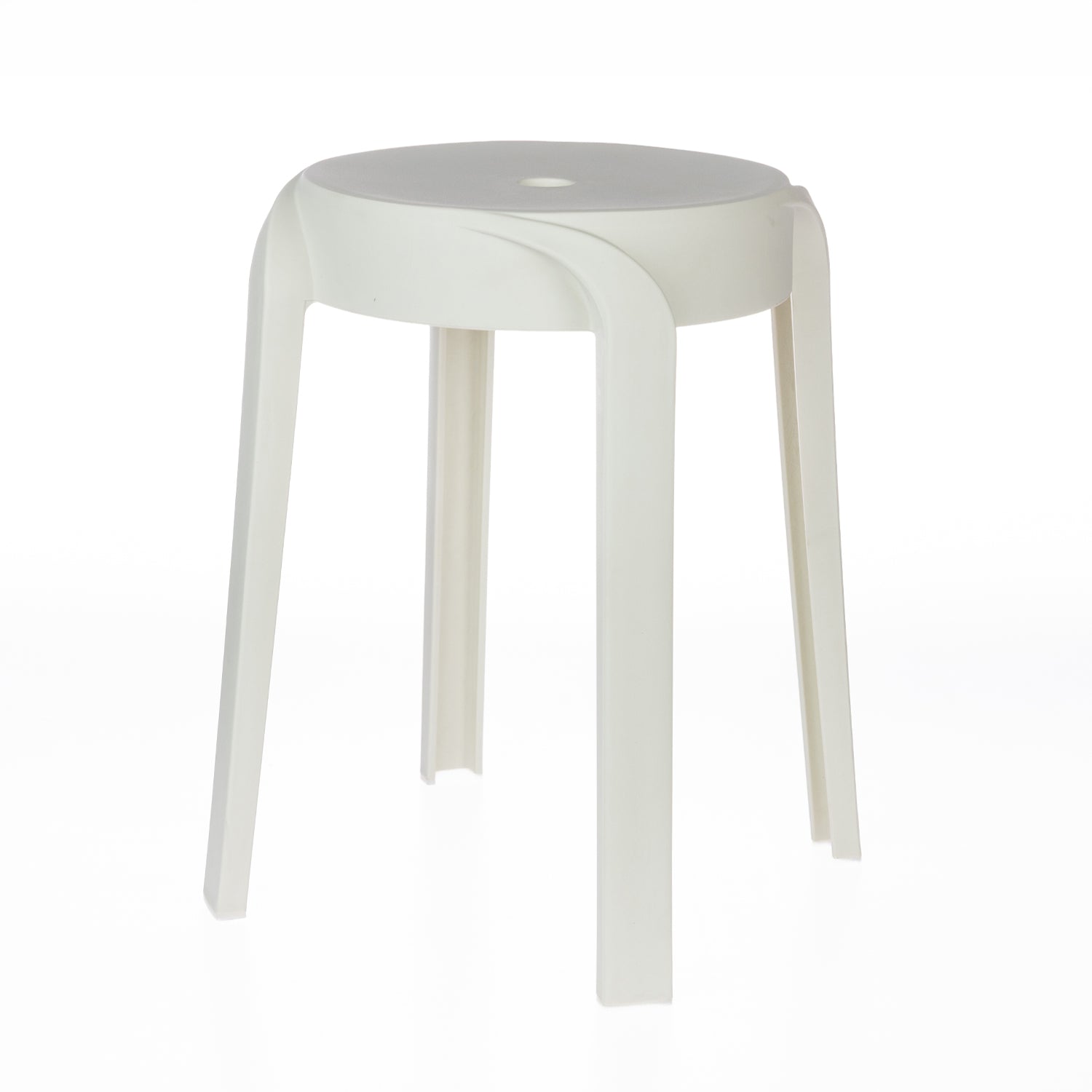 A modern white stool with a smooth round seat and gently curved legs offers a clean, minimalist design that suits a variety of contemporary spaces.