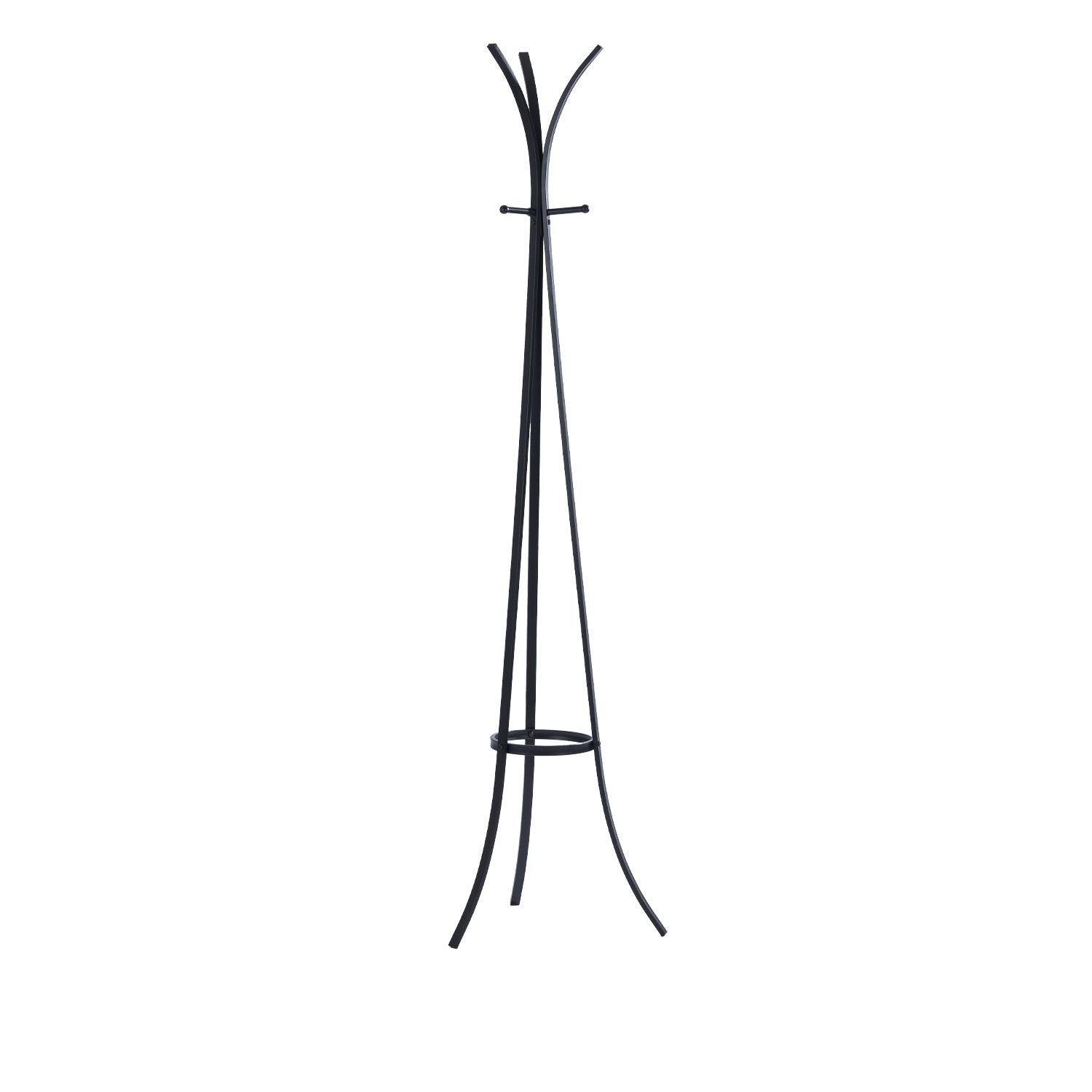 Design Plus Gatsby Metal Coat Stand in black, featuring a freestanding curved metal frame with multiple hanging hooks and a circular support near the base.