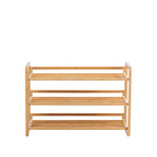 Front view of the Home Co. Piper Bamboo 3 Tier Shoe Rack in natural, featuring three slatted storage shelves and rounded side frames.