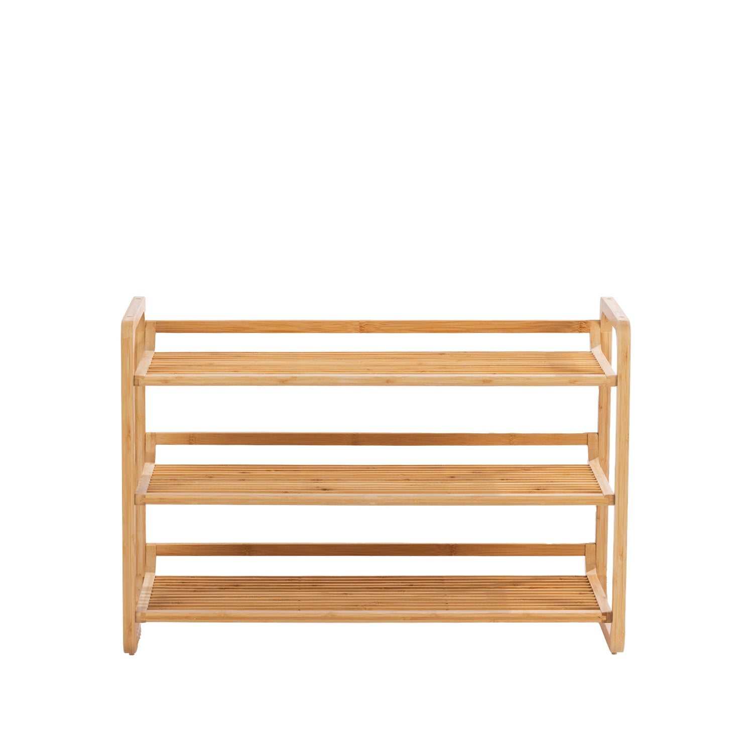 Front view of the Home Co. Piper Bamboo 3 Tier Shoe Rack in natural, featuring three slatted storage shelves and rounded side frames.