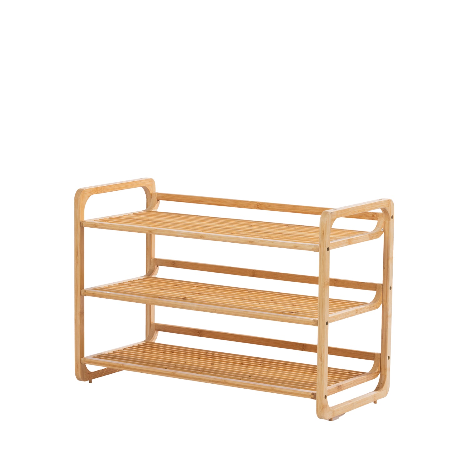 Angled view of the Home Co. Piper Bamboo 3 Tier Shoe Rack in natural, showing the three-tier slatted bamboo construction and open frame design.