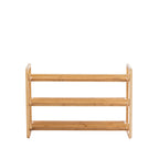 Rear view of the Home Co. Piper Bamboo 3 Tier Shoe Rack in natural, showing the three slatted shelves and supporting bamboo rails.