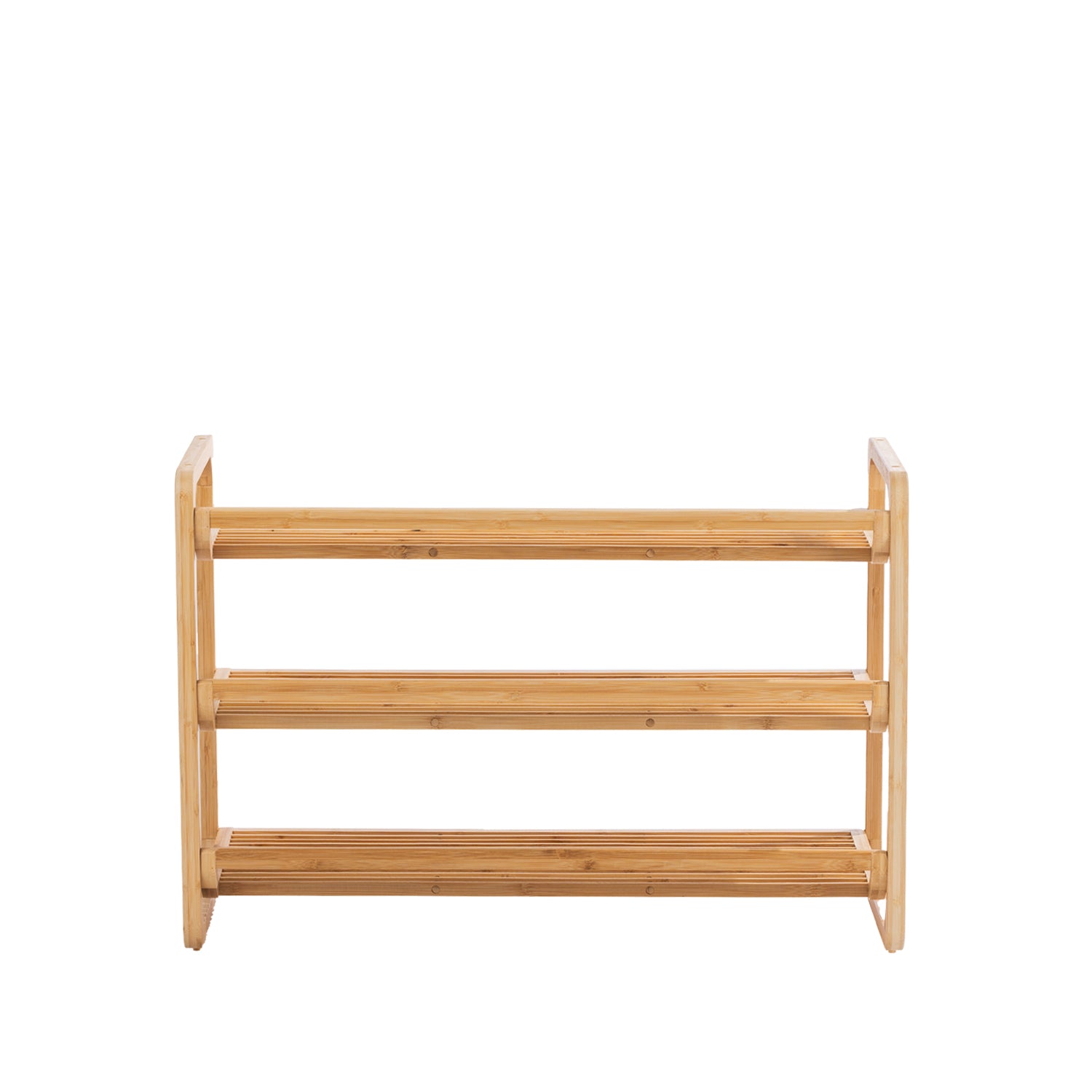 Rear view of the Home Co. Piper Bamboo 3 Tier Shoe Rack in natural, showing the three slatted shelves and supporting bamboo rails.