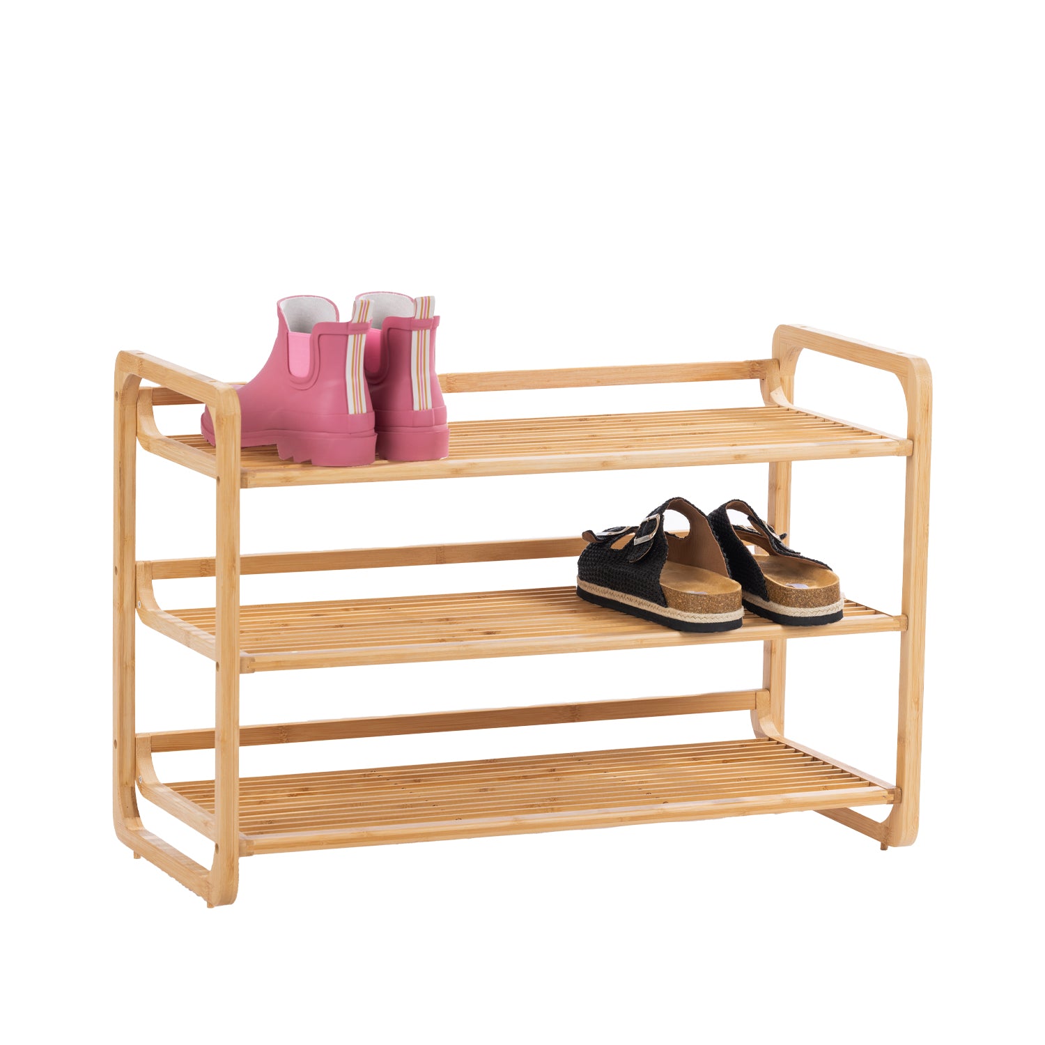 Home Co. Piper Bamboo 3 Tier Shoe Rack in natural displayed with pink gumboots and black sandals across the upper shelves.