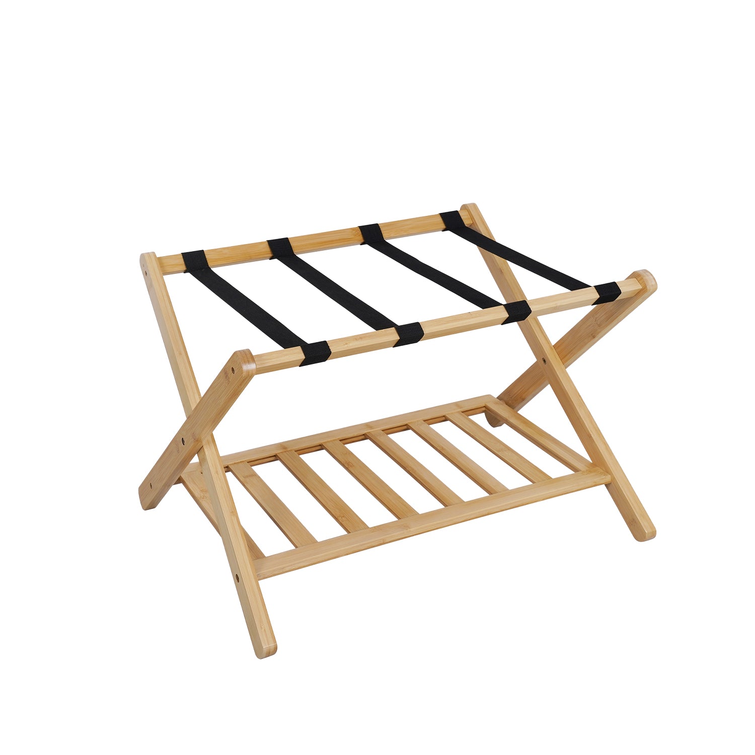 Angled product view of the Home Co. Piper Bamboo Luggage Rack in natural, featuring a folding bamboo frame, black luggage straps and a lower slatted storage shelf.