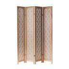 Natural wood four-panel folding room screen featuring intricate leaf-inspired cut-out detailing.