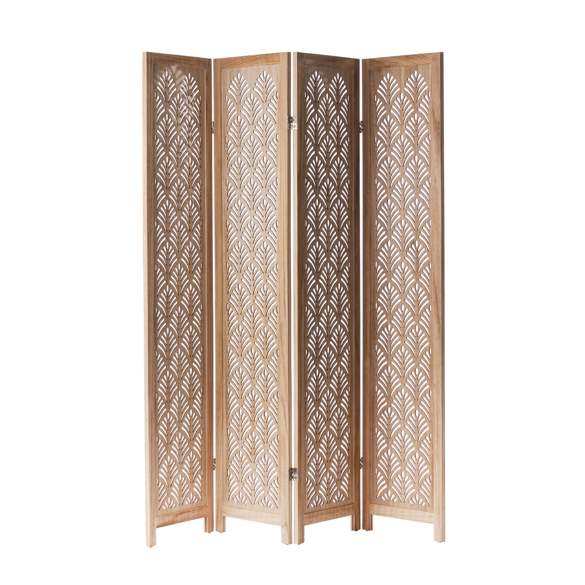 Natural wood four-panel folding room screen featuring intricate leaf-inspired cut-out detailing.