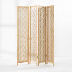 Natural wood four-panel folding screen displayed partially open, showing the decorative leaf cut-out design and hinged panels.