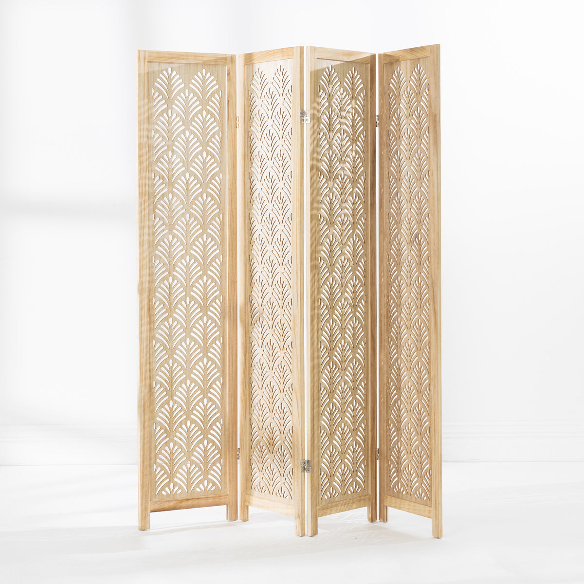 Natural wood four-panel folding screen displayed partially open, showing the decorative leaf cut-out design and hinged panels.