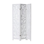 White three-panel folding room screen featuring decorative floral cut-out detailing.