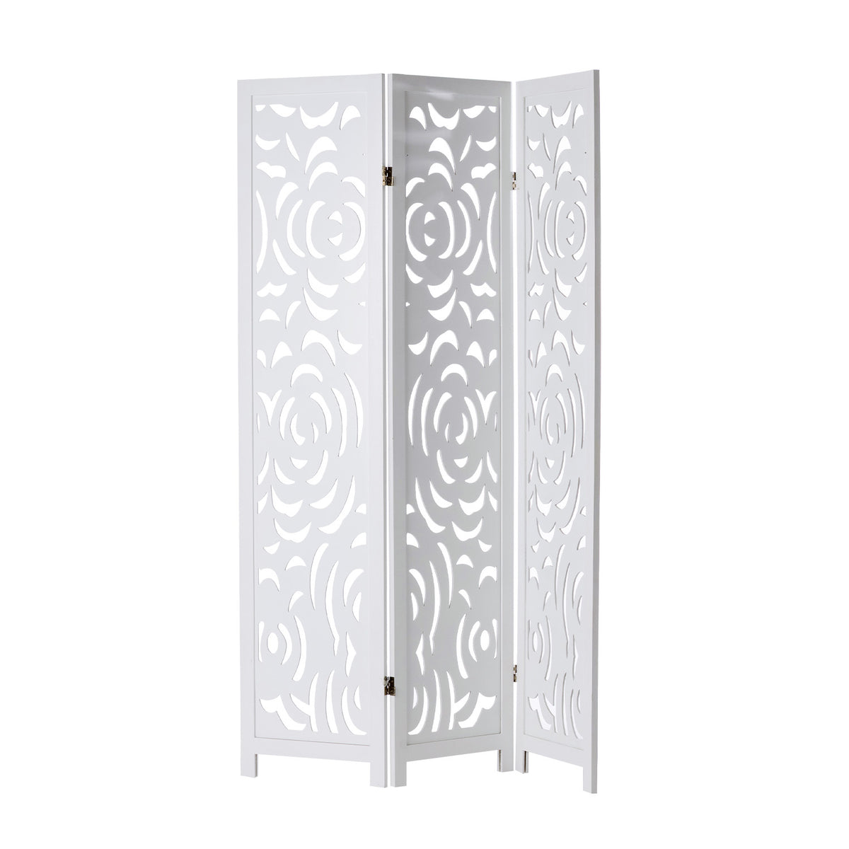 White three-panel folding room screen featuring decorative floral cut-out detailing.