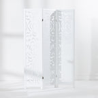 White three-panel folding screen displayed partially open, showing the floral cut-out design and hinged panels.