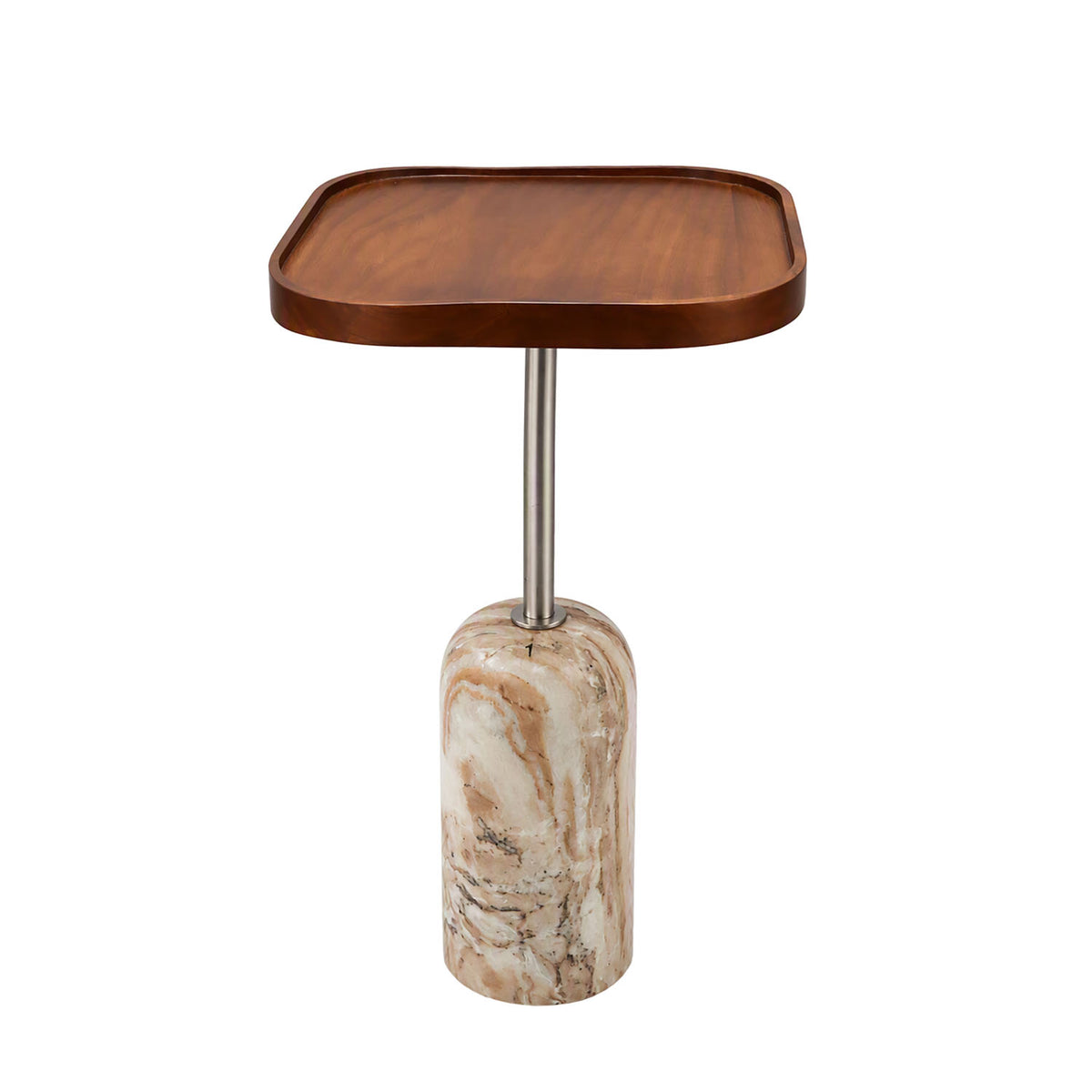 A modern side table featuring a wavy, rounded rectangular wooden top in a warm medium brown finish, supported by a polished silver metal stem and a cylindrical base made of marbled beige and cream stone with brown veining, set against a solid white background.