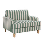 A generously sized green striped armchair combines timeless style, plush comfort and natural wood legs, making it a versatile statement piece for both classic and contemporary interiors.