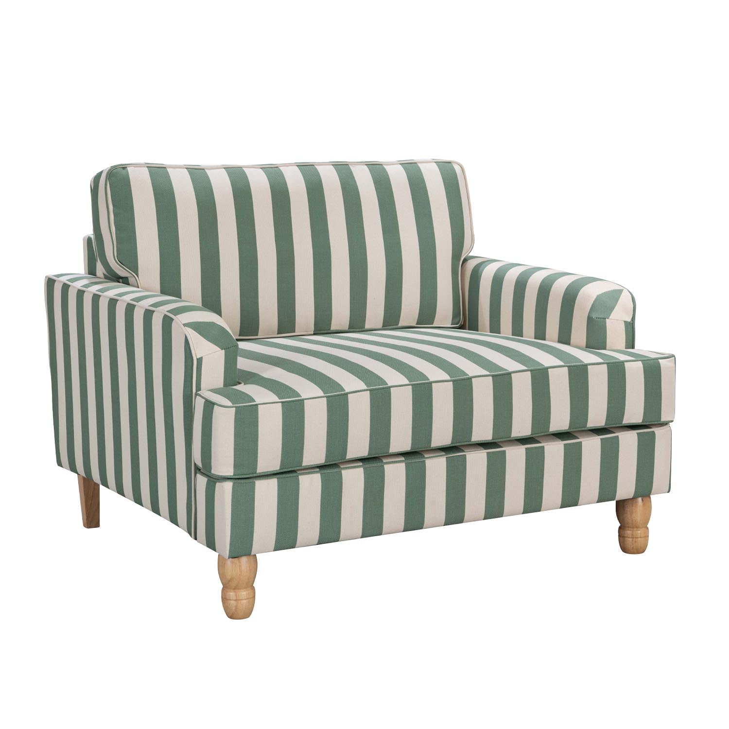 A generously sized green striped armchair combines timeless style, plush comfort and natural wood legs, making it a versatile statement piece for both classic and contemporary interiors.