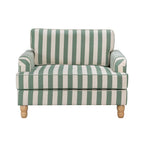 A generously sized green striped armchair combines timeless style, plush comfort and natural wood legs, making it a versatile statement piece for both classic and contemporary interiors.