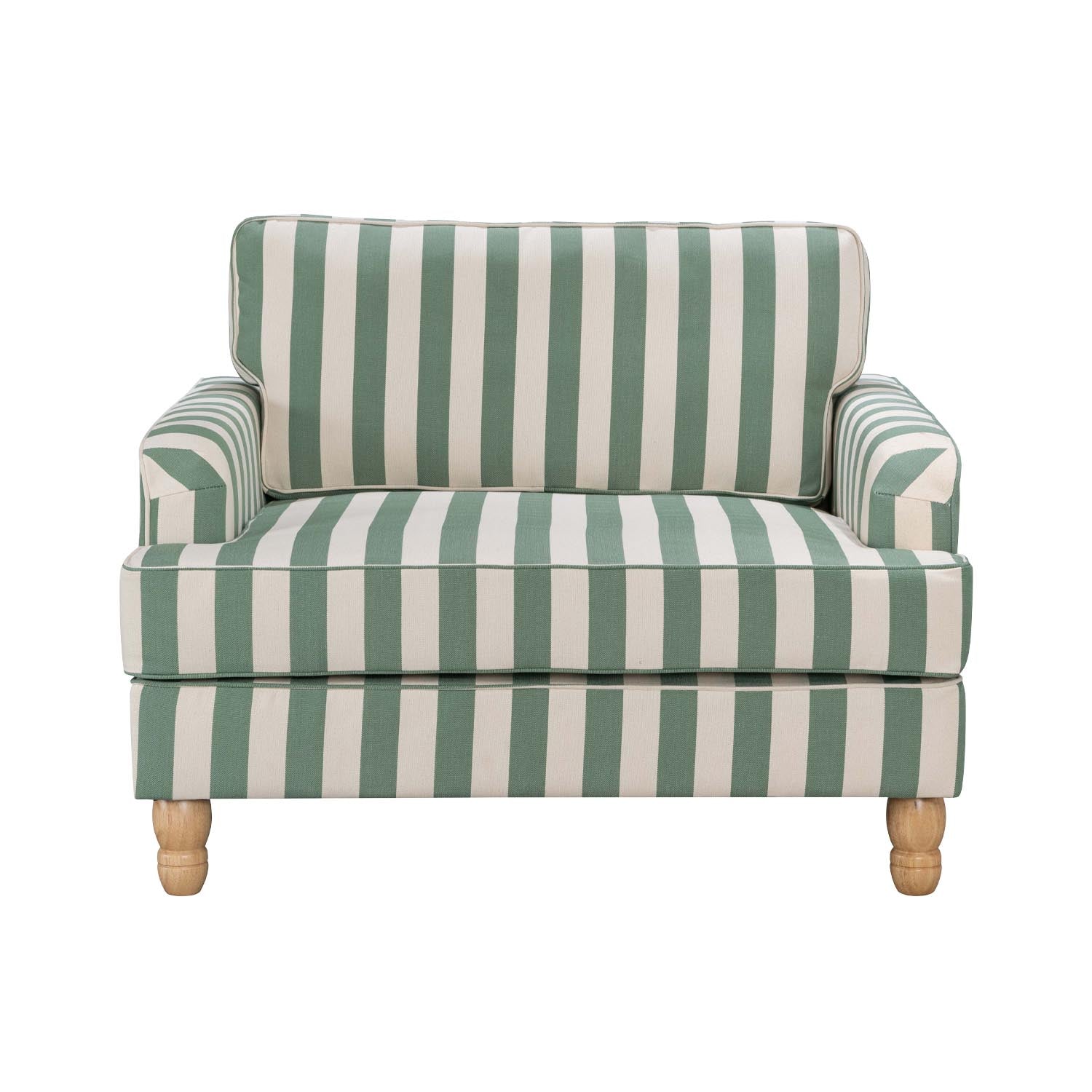 A generously sized green striped armchair combines timeless style, plush comfort and natural wood legs, making it a versatile statement piece for both classic and contemporary interiors.