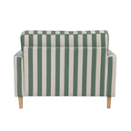 A generously sized green striped armchair combines timeless style, plush comfort and natural wood legs, making it a versatile statement piece for both classic and contemporary interiors.