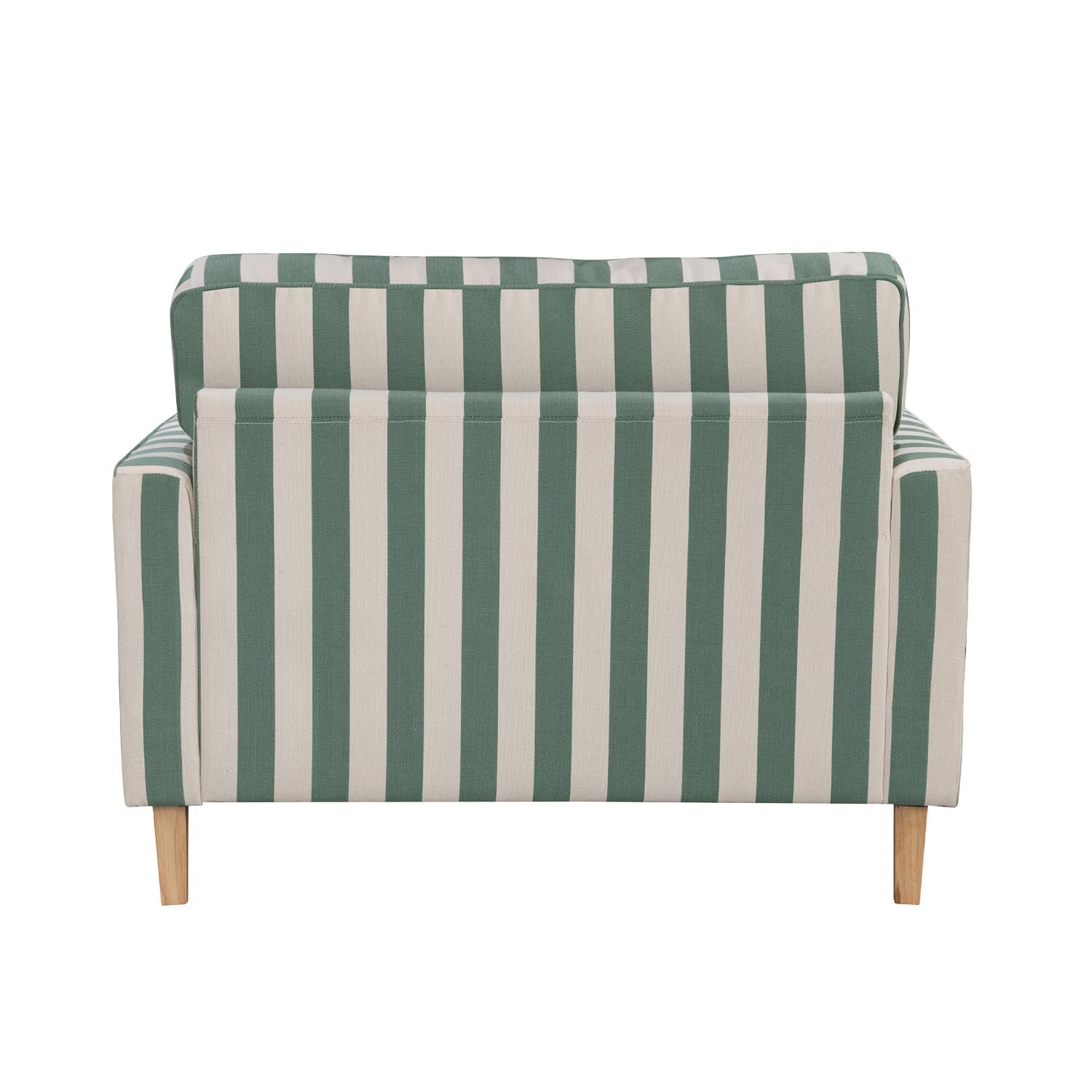 A generously sized green striped armchair combines timeless style, plush comfort and natural wood legs, making it a versatile statement piece for both classic and contemporary interiors.