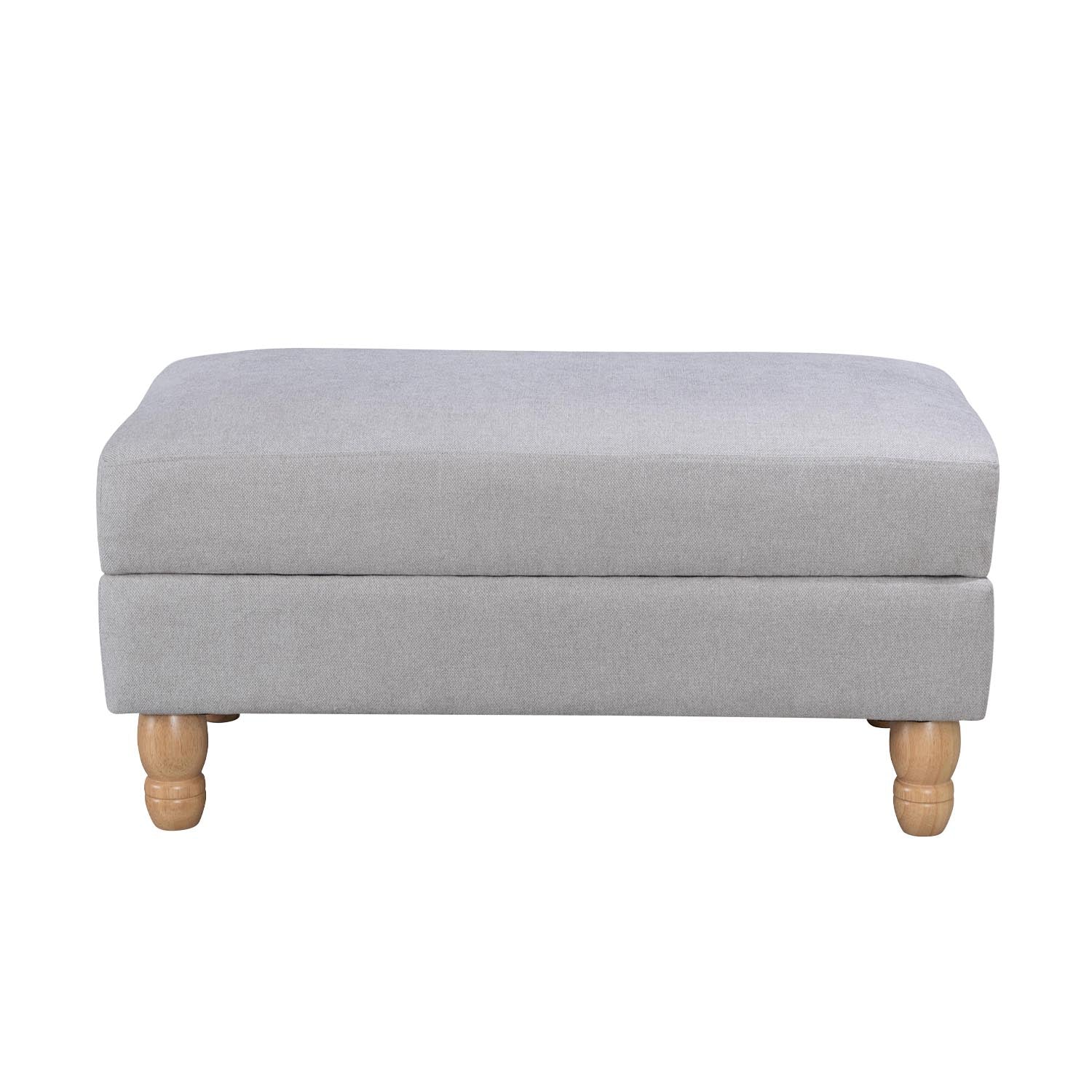 A generously sized neutral ottoman combines timeless style, plush comfort and natural wood legs, making it a versatile addition to any living space as a footrest, extra seat or coffee table alternative.