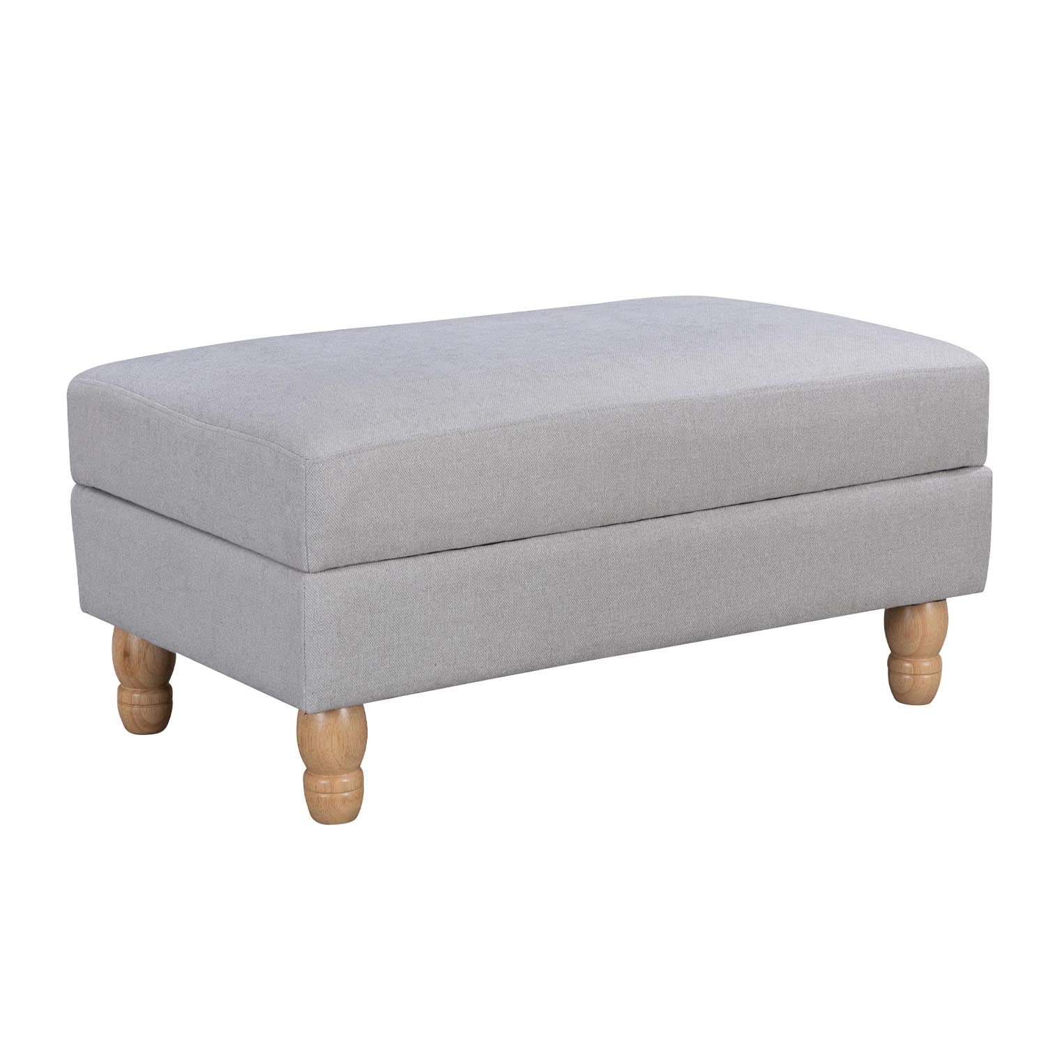 A generously sized neutral ottoman combines timeless style, plush comfort and natural wood legs, making it a versatile addition to any living space as a footrest, extra seat or coffee table alternative.