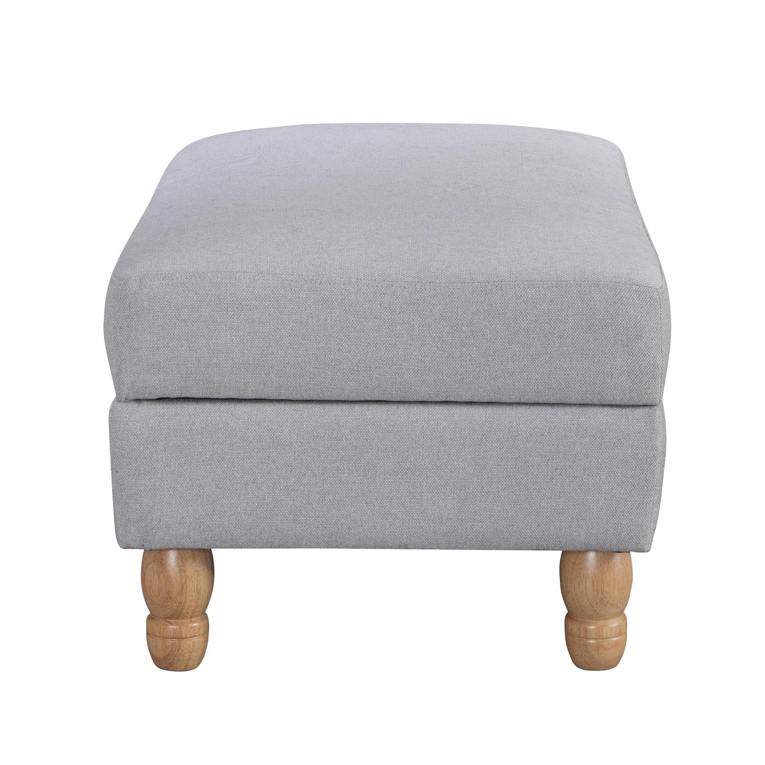 A generously sized neutral ottoman combines timeless style, plush comfort and natural wood legs, making it a versatile addition to any living space as a footrest, extra seat or coffee table alternative.