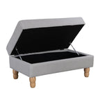 A generously sized neutral ottoman features a lift-up lid that reveals spacious hidden storage, combining timeless style with practical everyday functionality.