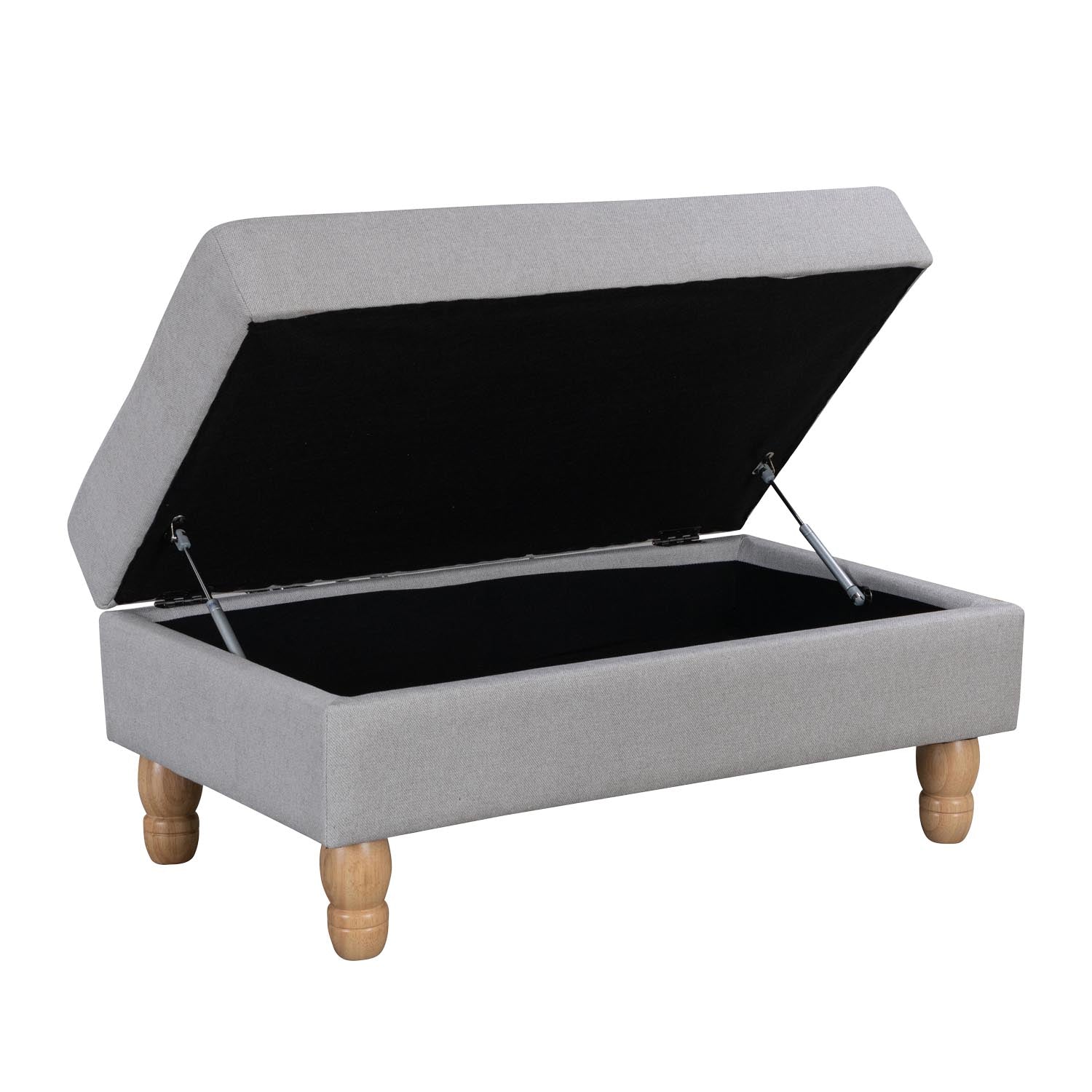 A generously sized neutral ottoman features a lift-up lid that reveals spacious hidden storage, combining timeless style with practical everyday functionality.